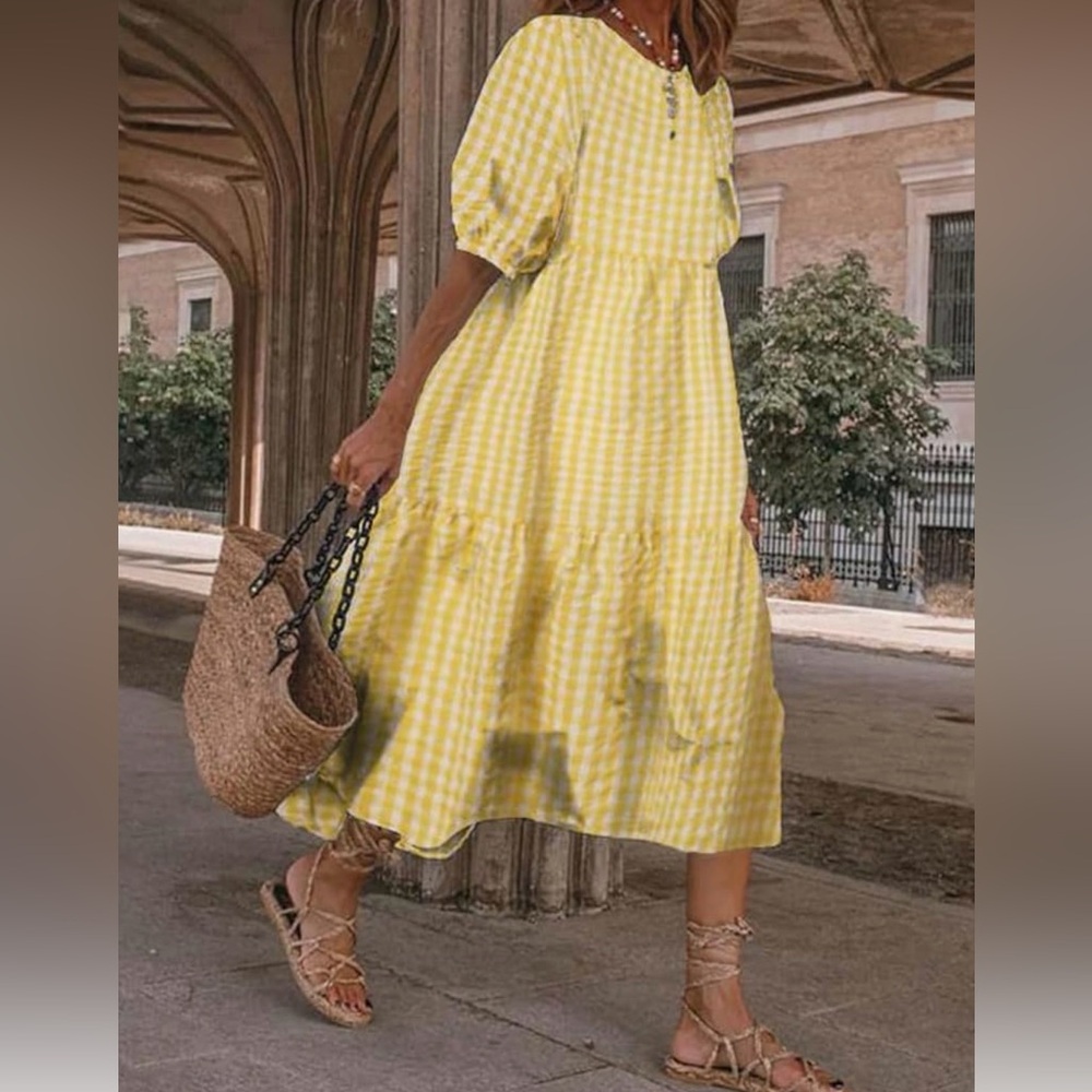 Boho Maxi Crewneck Puff Short Sleeve Oversized Tiered Swing Maxi Dress